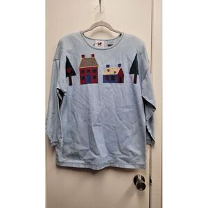 Vintage Sweet Shirts Womens Denim Christmas Top Size M Embroidered Home And Tree